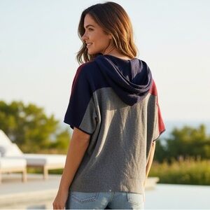 Tory Burch Colorblock Sweater with Hoodie- Navy, Gray, Red